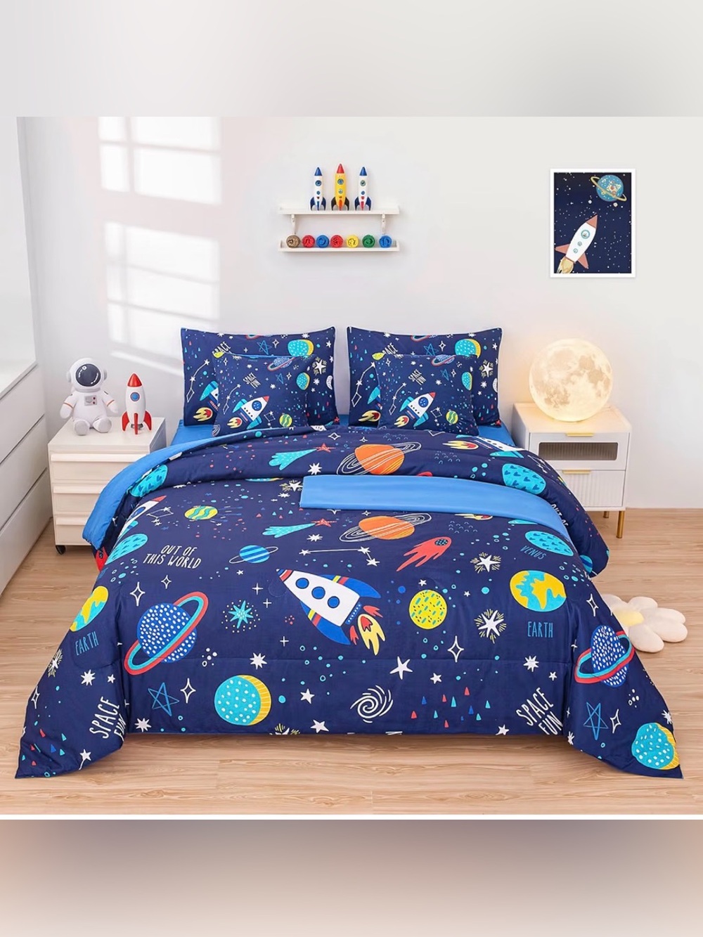 Children's Space Rocket Bedding Set - Navy Blue
